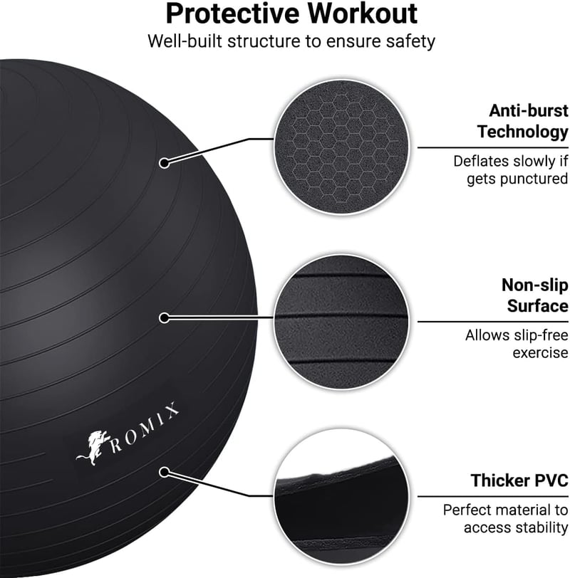 ROMIX Fitness labda 55-75cm - Fekete, pumpával, jógához, pilateshez, terhességhez