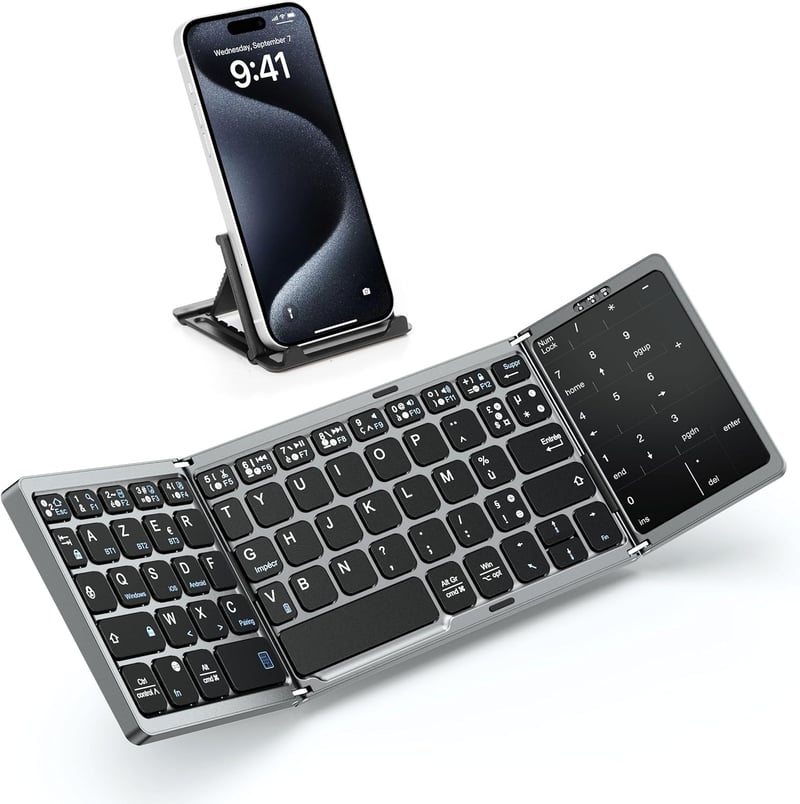 MoKo Összecsukható Bluetooth Billentyűzet - Vezeték Nélküli Francia AZERTY Érintőpaddal és Numerikus Billentyűzettel, 3 Eszközhöz, Újratölth