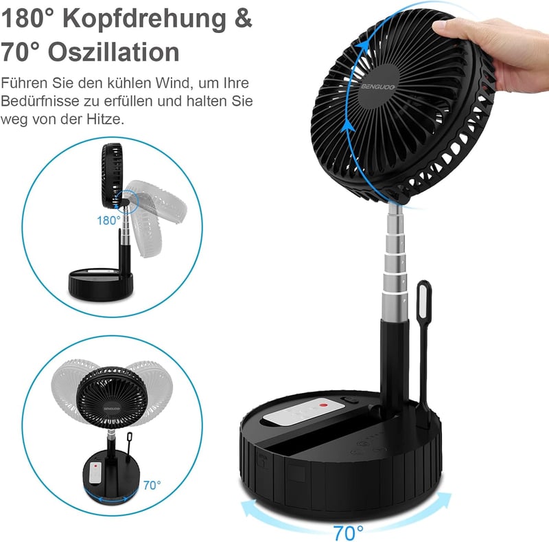 BENGUOO Hordozható USB Asztali Ventilátor - 10000mAh Akkus, Oszcilláló, Távirányítós, Fekete