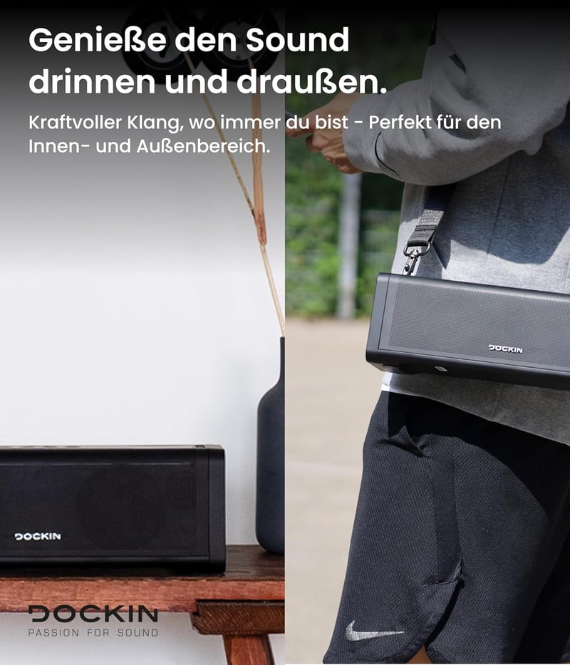 DOCKIN D FINE+ 2 Bluetooth Hangszóró, 50W, IPX5 Vízálló, 16 Órás Üzemidő, Powerbank Funkcióval, 3 DSP Hangszínszabályzóval, Fekete
