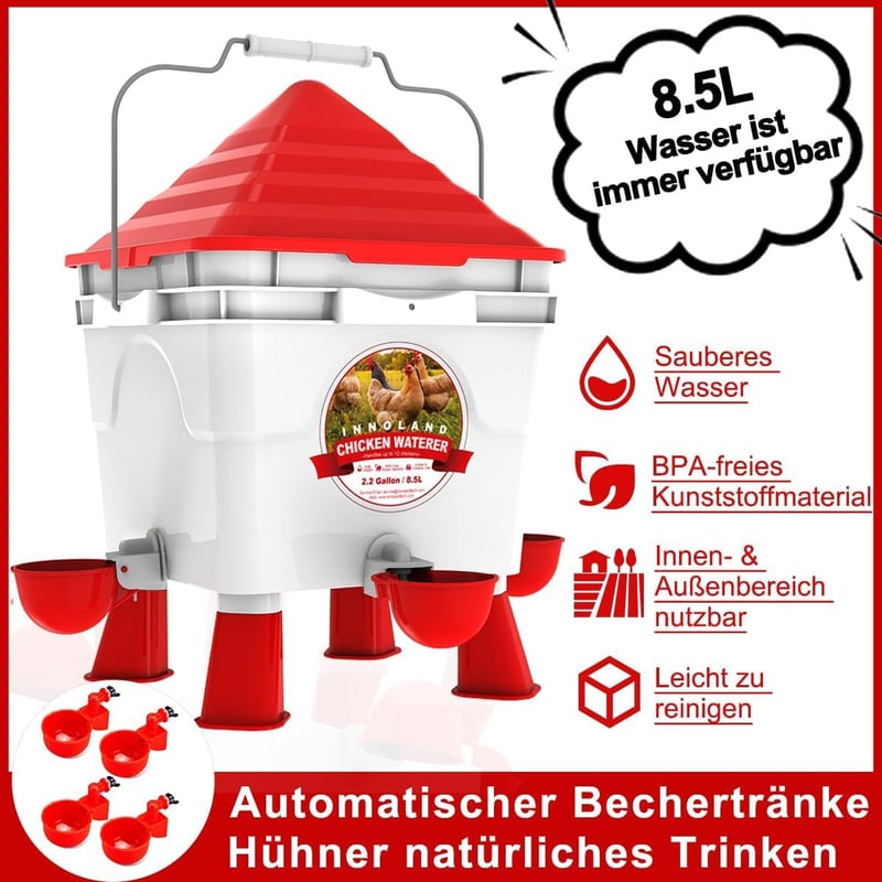 INNOLAND Automata Baromfi Etető és Itató Készlet, 6kg/8,5L, 4 Adagolónyílással, Állítható Lábakkal, Csirkéknek, Kacsáknak