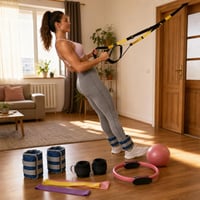 Domáci fitnes balík: 2x závažia + 2x popruhy na nohy + závesný systém + pilates kruh + lopta + gumy 1