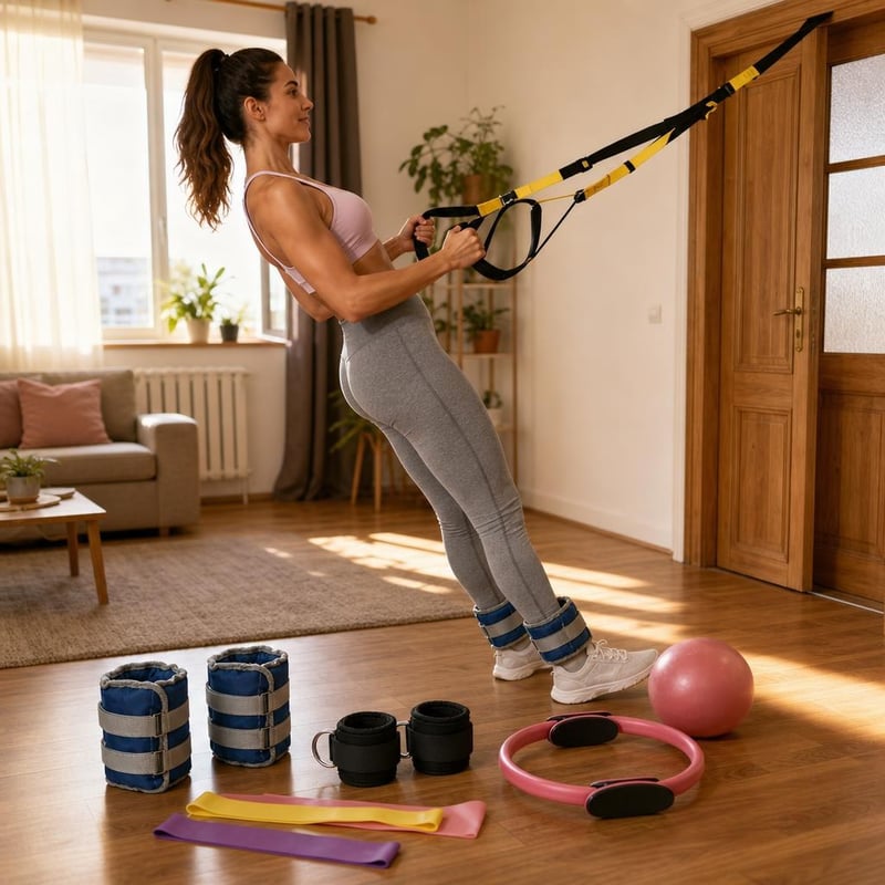 Domáci fitnes balík: 2x závažia + 2x popruhy na nohy + závesný systém + pilates kruh + lopta + gumy