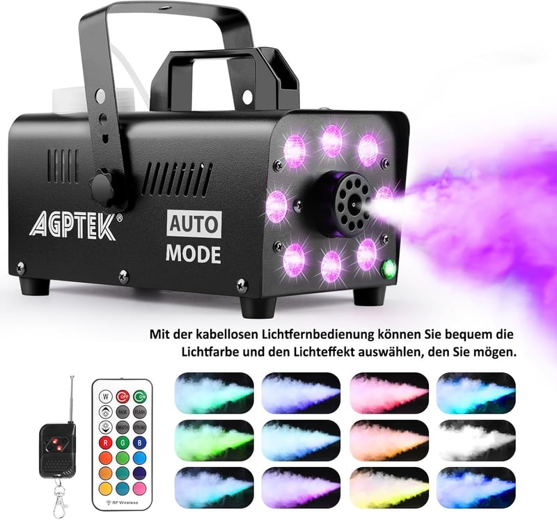 AGPtEK Füstgép 13 Színű LED Világítással - 500W RGB Effektekkel, 57m³/perc Teljesítmény, Vezetékes és Rádiós Távirányítóval Esküvőkre, Hallo