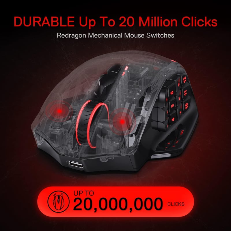 Redragon M913 Impact Elite vezeték nélküli gamer egér, 16000 DPI, 20 programozható gomb, 45 órás akkumulátor, RGB világítás, 12 oldalsó gomb