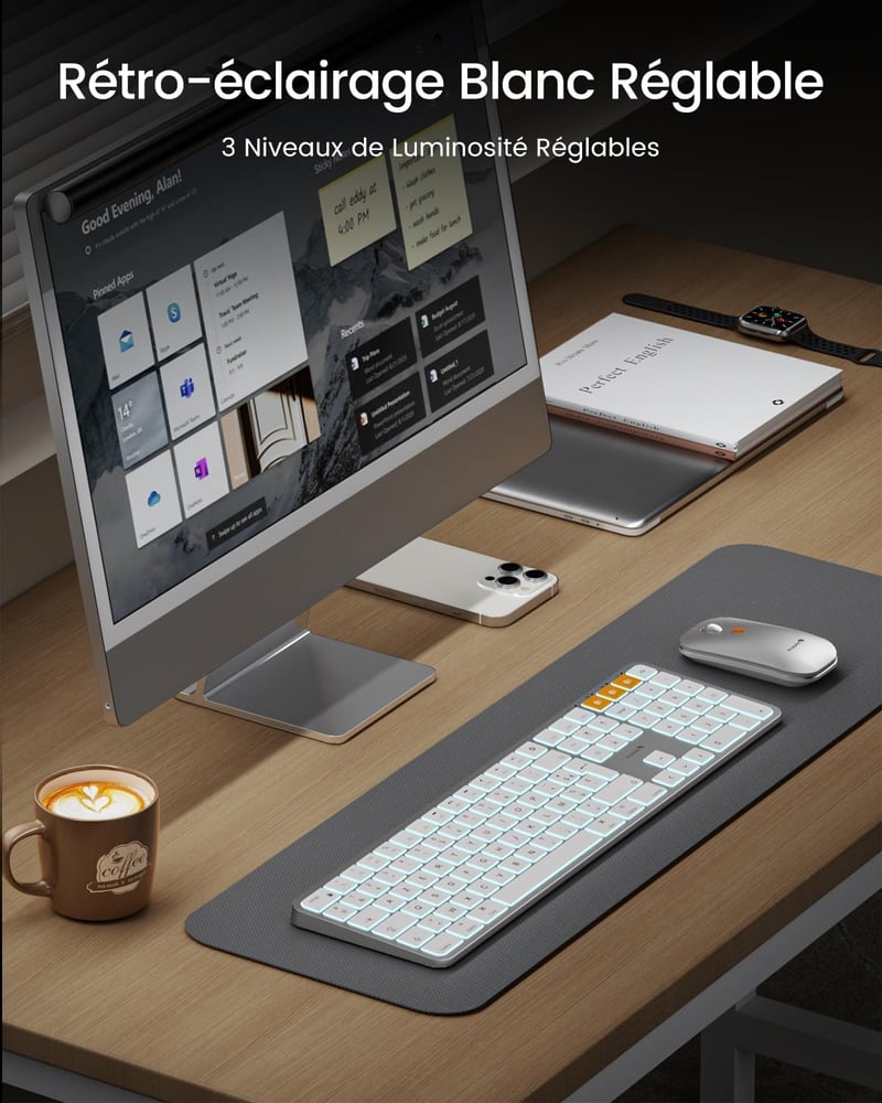 ProtoArc KM100-A Vezeték Nélküli Háttérvilágítású Billentyűzet és Egér Szett MacBookhoz - Bluetooth AZERTY Fehér Kompatibilis iPhone, iPad, 
