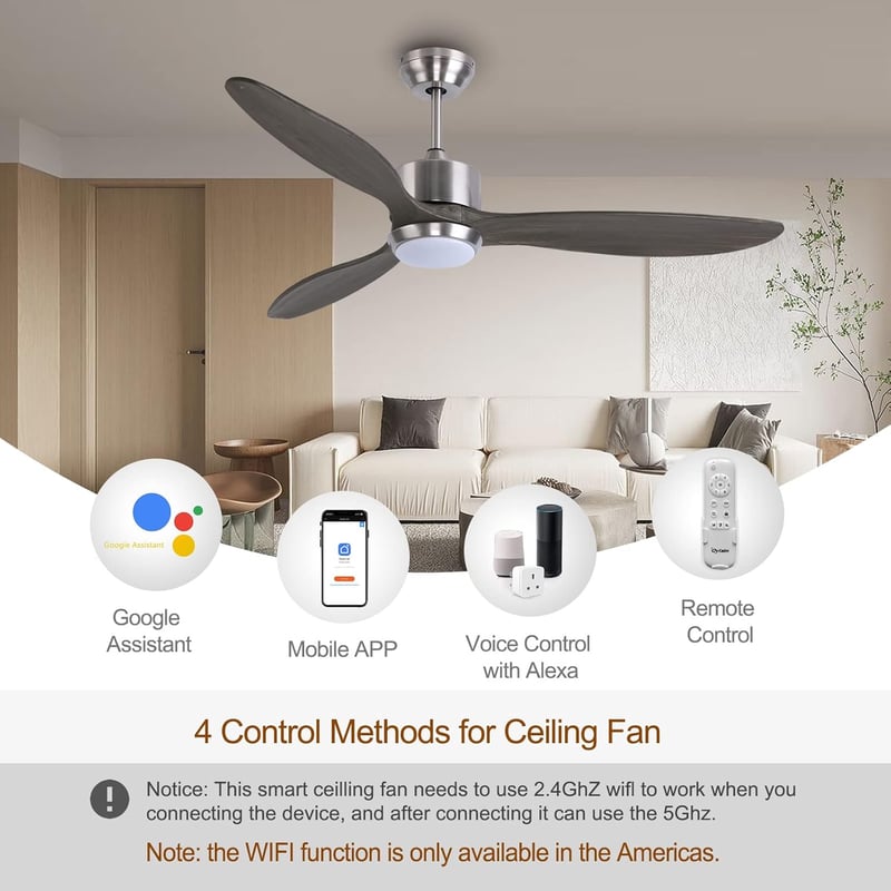 Ovlaim 132 cm Okos Mennyezeti Ventilátor Távirányítóval - Fa Lapátok, 6 Sebesség, App/Alexa Vezérlés, LED Világítás, Csendes DC Motor, Szürk
