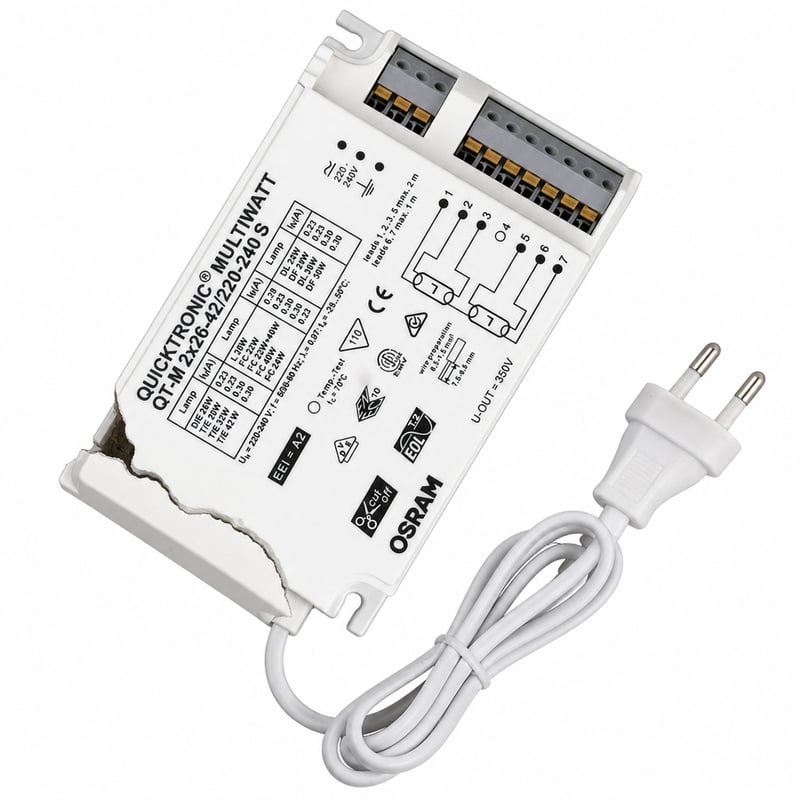 Elektronický predradník Osram QT-M 2x26-42/220-240 S Quicktronic Multiwatt pre kompaktné žiarivky — chybný, na náhradné diely: prasknutý kryt (stav: pozri 2. obrázok)