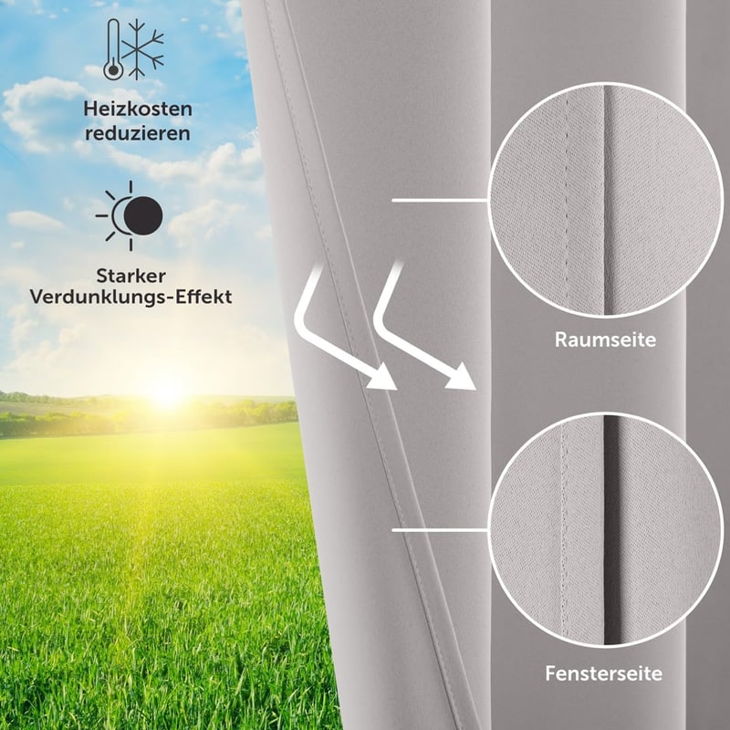 Blumtal Sötétítő Függöny Szett - 2 db Hőszigetelő Fényblokkoló Függöny Fémkarikákkal, 215x132 cm, Szürke, Nappali és Hálószoba Dekoráció