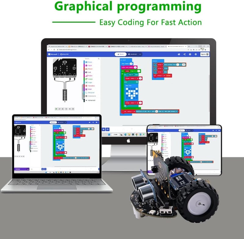 GeeekPi DeskPi MicroCar - BBC Micro:bit V2 Programozható Robot Autó Készlet - STEM Oktatási Eszköz Gyerekeknek - Grafikus Makecode Kódolás U