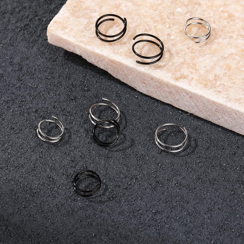 DIVINA VITAE 8 db Orr Piercing Szett - Spirál és Dupla Karika Orrpiercing, Helix Piercing, 316L Sebészeti Acél, 8/10 mm, Fekete és Ezüst