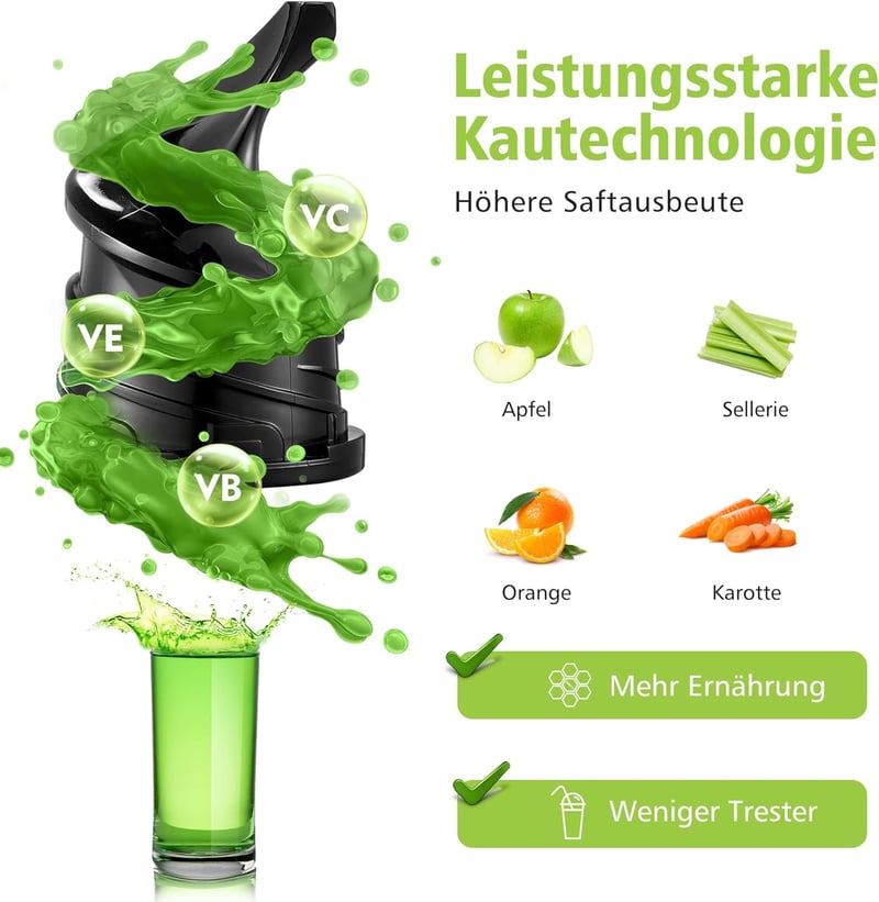 Aobosi 200W Gyümölcs és Zöldség Gyümölcsprés Visszaforgató Funkcióval, Két Szűrőmérettel, Intelligens Chippel, Citrusfacsaró, Sárga
