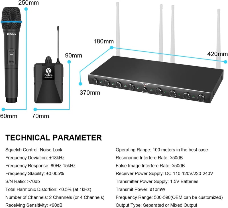 D Debra Audio AU800 Pro UHF 8 Csatornás Vezeték Nélküli Mikrofon Rendszer, 8 Testmikrofonnal, Fém Vevőegységgel - Karaoke, Rendezvény, Egyhá