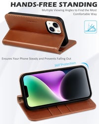 iPhone 14 Valódi Bőr Flip Tok RFID Védelemmel - SHIELDON Retro Barna 4