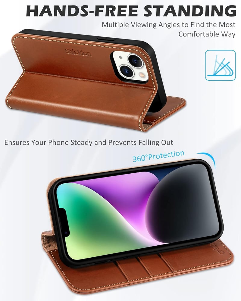 iPhone 14 Valódi Bőr Flip Tok RFID Védelemmel - SHIELDON Retro Barna