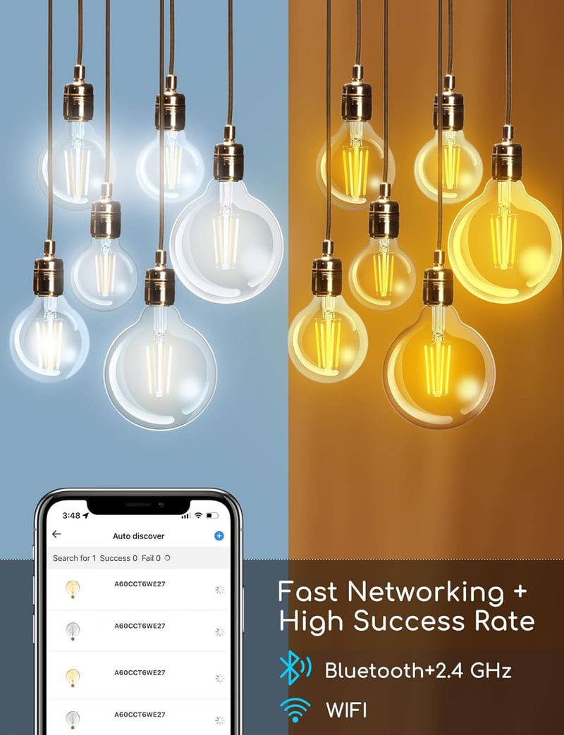 Aigostar E27 LED okos vintage izzó, 6W, G80 gömb, Alexa és Google Home kompatibilis, állítható fényerő