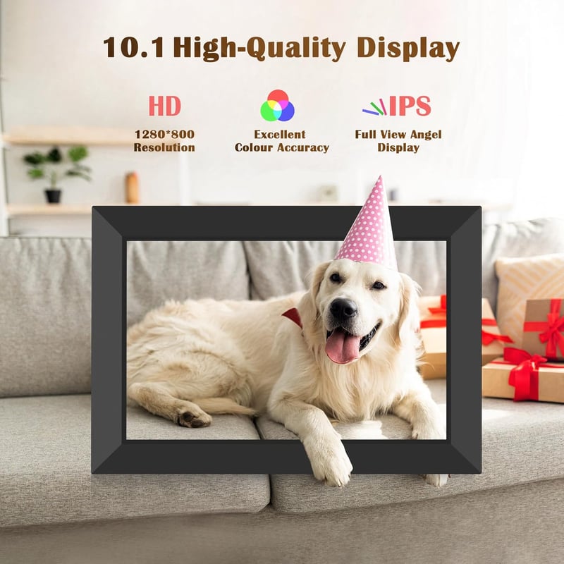 WONNIE Digitális WiFi Képkeret 10.1" HD IPS Érintőképernyővel - 32GB Memória, Frameo App, Fotó és Videó Megosztás, Automatikus Elforgatás