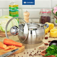 Daniks Rozsdamentes Acél Lábas 2,9L Üvegfedővel - Indukciós Főzőlappal Kompatibilis Edény Szilikon Fogantyúkkal, Mosogatógépben Mosható 2