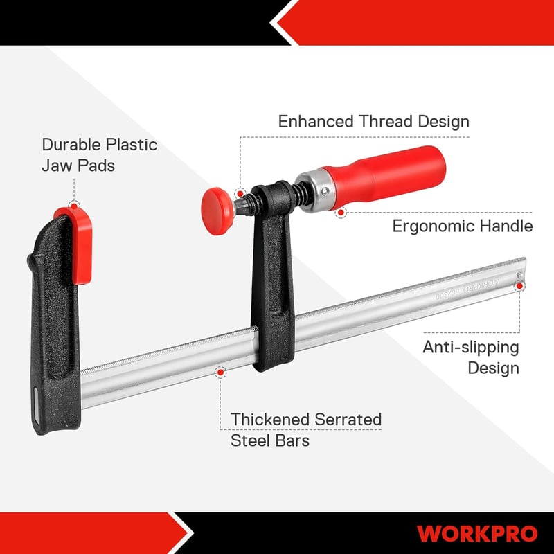 WORKPRO F-szorító készlet, 2 részes, erős csúsztatható asztalos szorítók, 200mm (8") és 300mm (12"), fekete, 272 kg szorítóerő