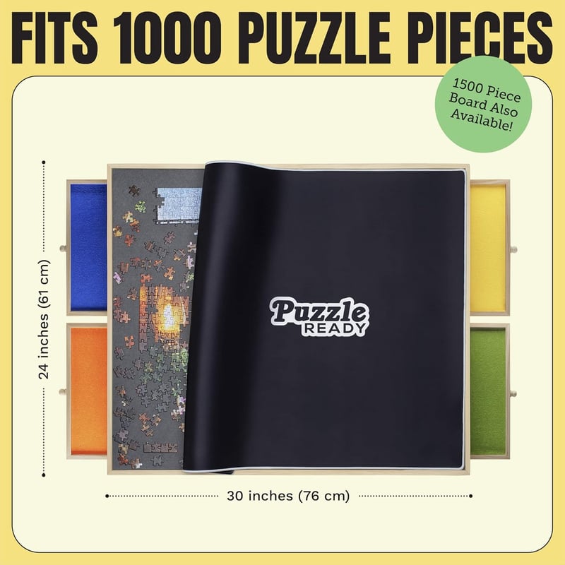 Hordozható Puzzle Tároló Asztal 1000/1500 Darabos Kirakókhoz - 4 Fiókos, Szőnyeggel