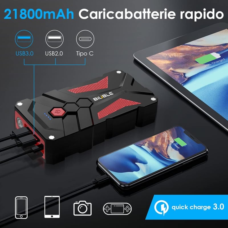 BIUBLE 12V-os autós indító powerbank LED lámpával és USB töltővel