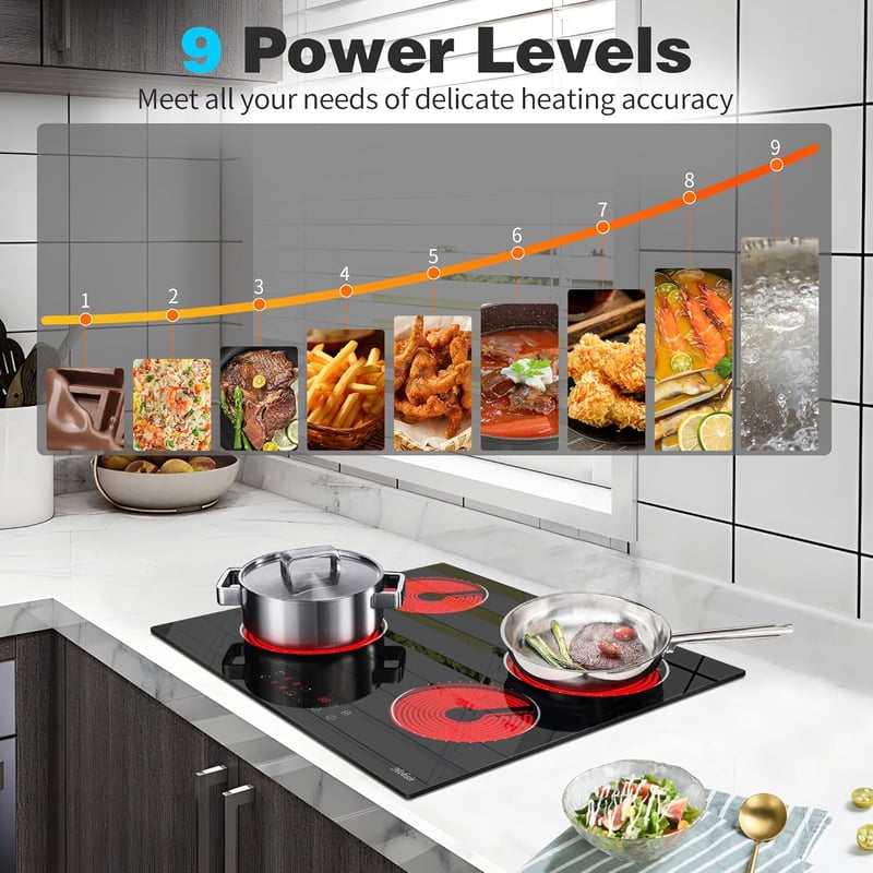 Hobsir hob 60 cm-es Üvegkerámia Főzőlap 4 Zónával, Érintőszenzoros Vezérlés, 6000W, 9 Teljesítményszint, LED Kijelző, Gyerekzár