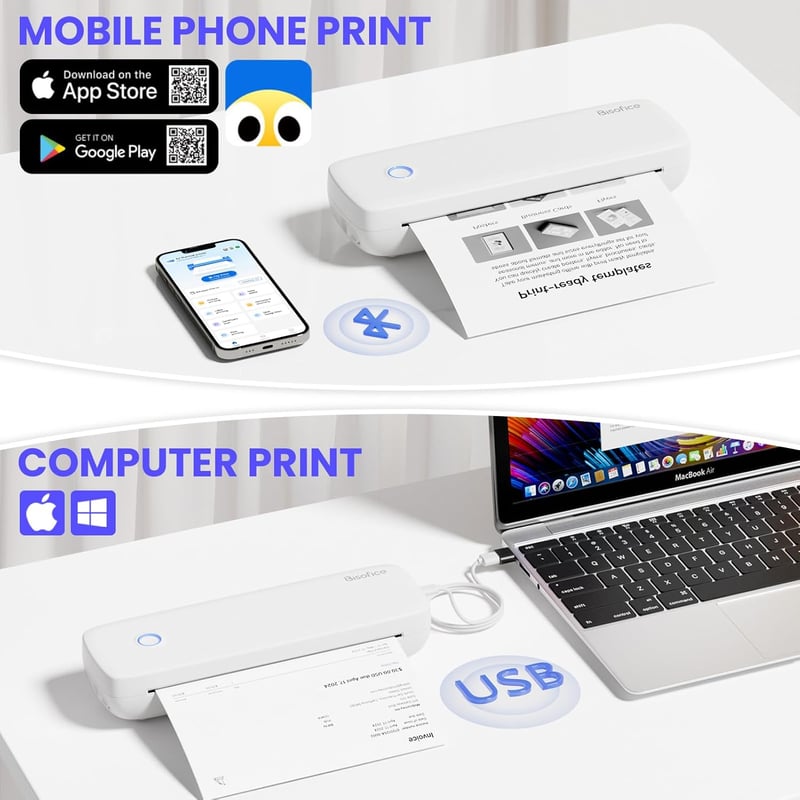 Bisofice Mobil Hőnyomtató A4 - 300 dpi Hordozható Nyomtató Okostelefonhoz, 2/3/4 inch és A4 Hőpapír Támogatással, Android/iOS/Win/Mac Kompat