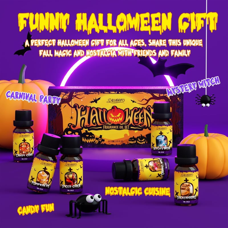 Salubrito Halloween Illóolaj Készlet - 6 Őszi Aroma Diffúzorba: Tökös Süti, Fűszeres Almabor, Karamellás Alma, Csemege Kukorica, Boszorkány 