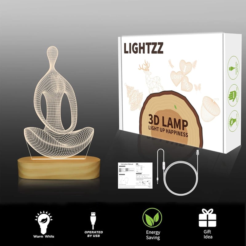 BootyBay 3D Jóga LED Éjjeli Lámpa - Meditációs Asztali Világítás Meleg Fénnyel, Fa Talppal - USB Dekorációs Lámpa Ajándékba Nőknek, Lányokna