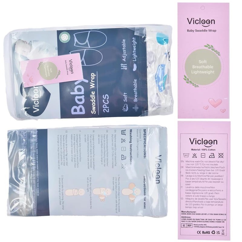 Vicloon 3 db-os sötétkék bio pamut pólya újszülötteknek, 3-6 hónapos korig