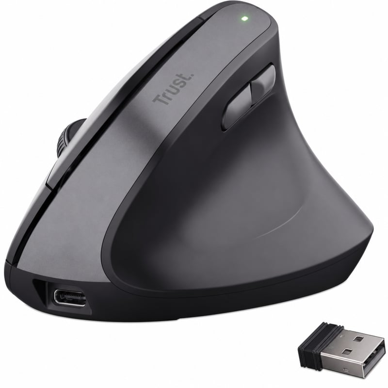 Mouse ergonomic vertical fără fir reîncărcabil Trust Yuno, 2.4GHz, negru, 70 la sută — fără încărcător (stare: vezi a doua imagine)