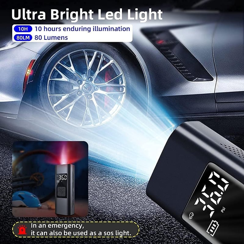 Gyors Elektromos Pumpa 6000mAh - 150PSI Kompresszor Autóhoz, Biciklihez, Motorhoz LED-del