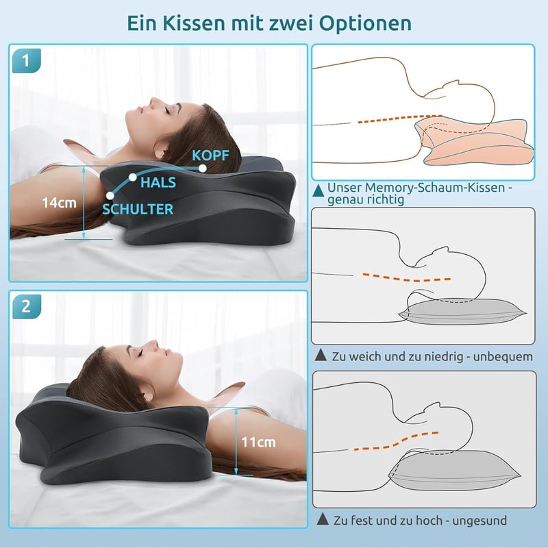 DONAMA Memory Foam Ergonomikus Nyakpárna - Oldal, Hát és Hason Alvóknak, Légáteresztő Huzattal, 2 Magassági Szinttel, Sötétszürke