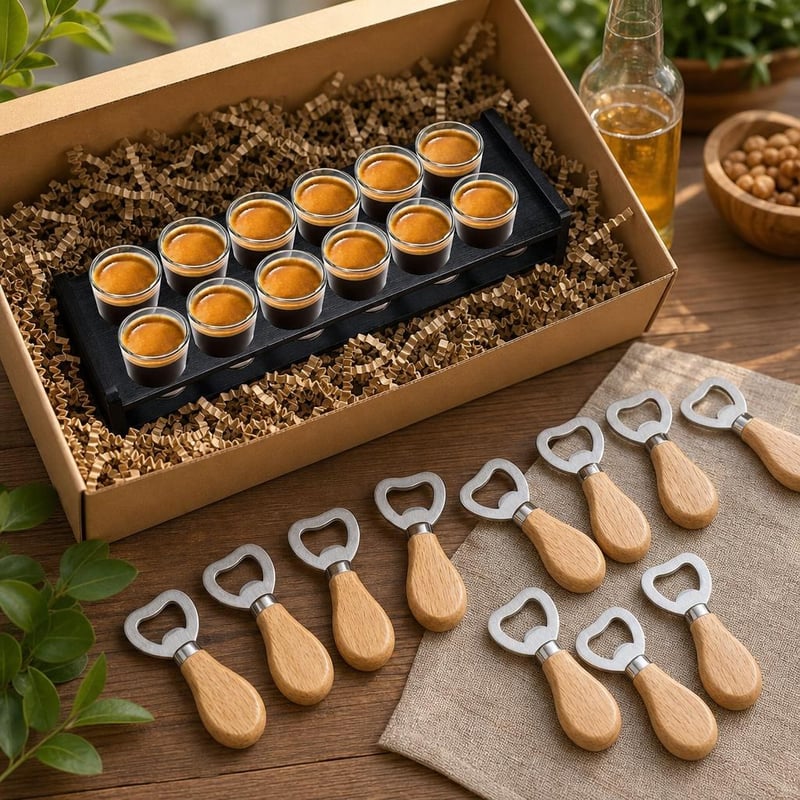 Pivný darčekový set: 10x gravírovateľný otvárač + bambusový podnos na 12 pohárov + 200g výplňový papier