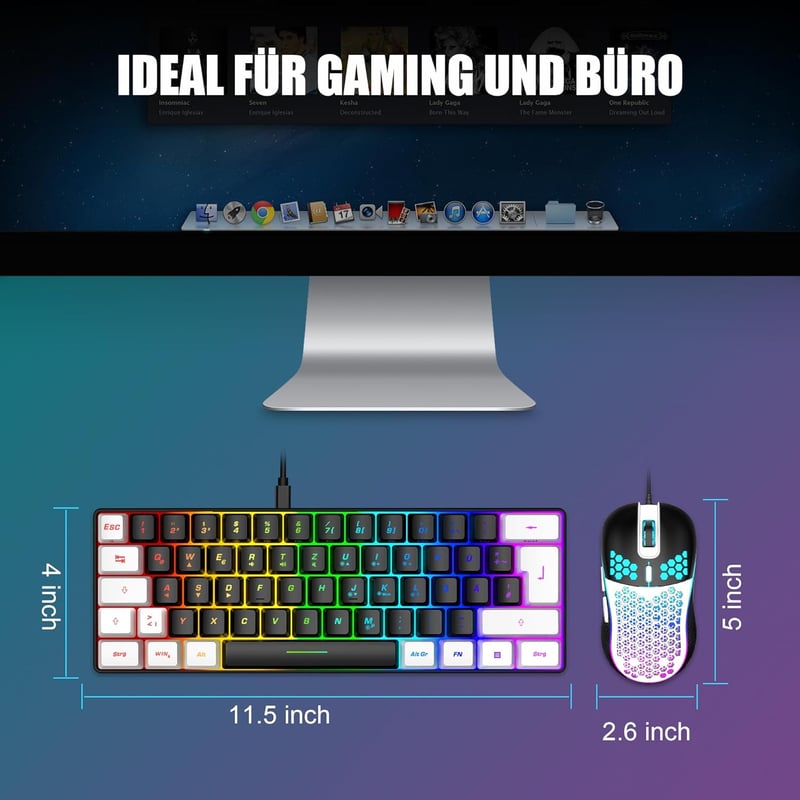 RedThunder 60% RGB Vezetékes Gamer Billentyűzet és Egér Szett, Mini Billentyűzet DE Kiosztással, 7200 DPI Ultrakönnyű Méhsejt Egér PC Mac PS