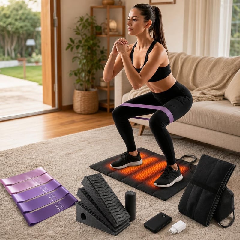 Pachet mobilitate și relaxare: 5 benzi elastice + set stretching 4 piese + pernă încălzită + baterie