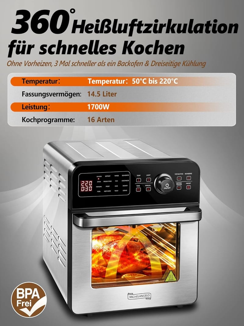 MICHELANGELO 14,5L Digitális Forrólevegős Sütő 1700W - Olaj Nélküli Légkeveréses Fritőz 16 Programmal, Forgónyárssal és Aszalóval, 8 Kiegész