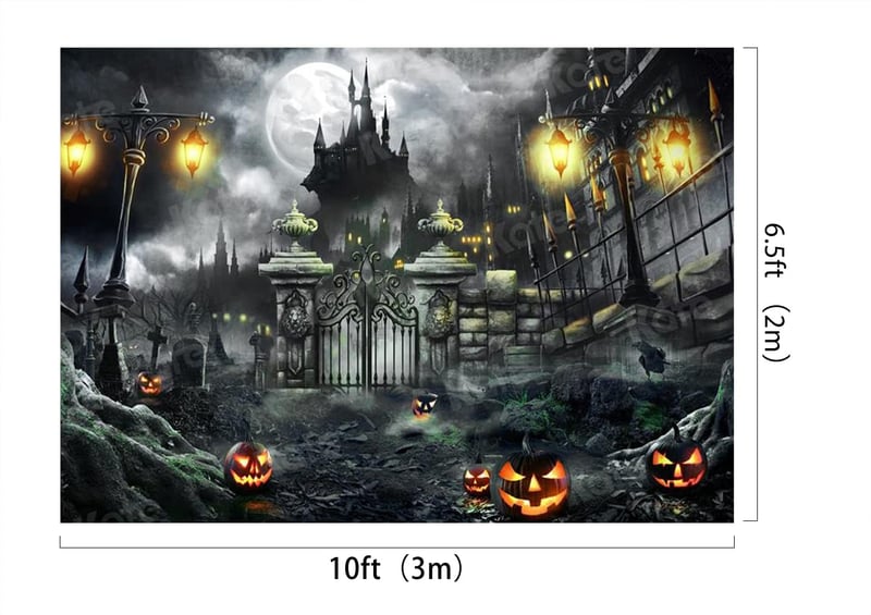 Kate Halloween Dekoráció Háttér 3x2m - Temető Töklámpás Elhagyatott Kastély Fotó Háttér - Mikroszálas Anyag Buli Dekor Kellék