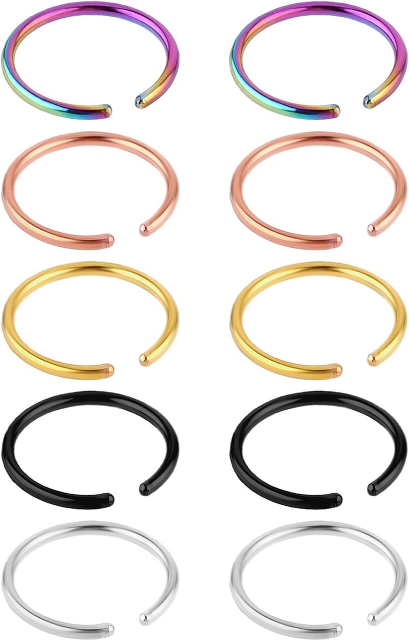 DIVINA VITAE 10 Részes Orr Piercing Szett - Rozsdamentes Acél Karika, Hamis Orr és Ajak Gyűrű, 20g 8mm, Septum és Porc Karika Férfiaknak és 
