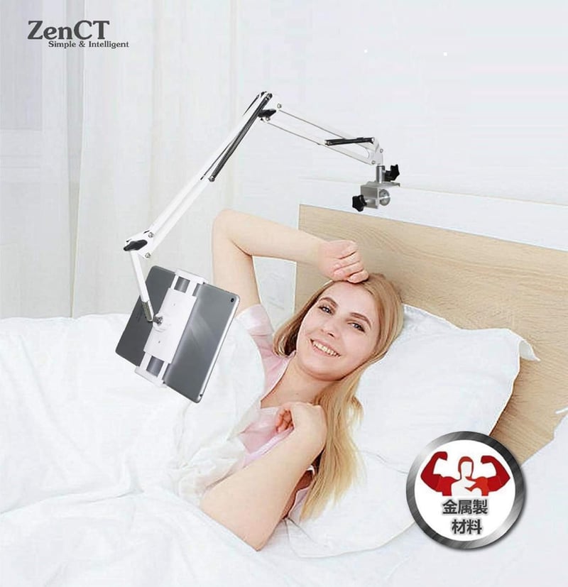 ZenCT Tablet és Telefontartó Állvány - Állítható Fém Karral, Ágyhoz Rögzíthető, iPad Pro 12.9 és iPhone 11 Kompatibilis, Fehér