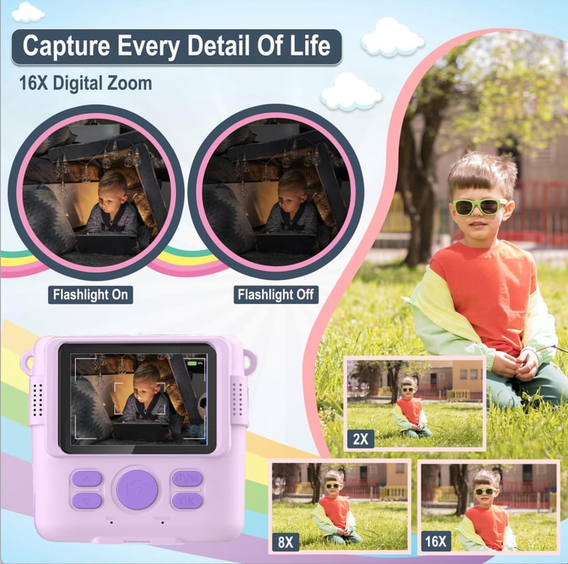 FUNKAM Gyerek Instant Fényképezőgép 1080P, 2,4" Kijelző, Nyomtatópapírral és 32GB Kártyával, 3-12 Éveseknek