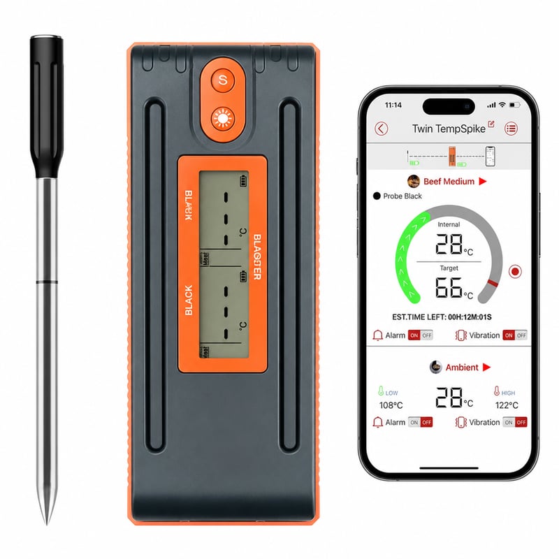Bezdrôtový teplomer na mäso ThermoPro Twin TempSpike – dosah Bluetooth 150 m, duálny senzor — bez nabíjacieho kábla (stav: pozri 2. obrázok)