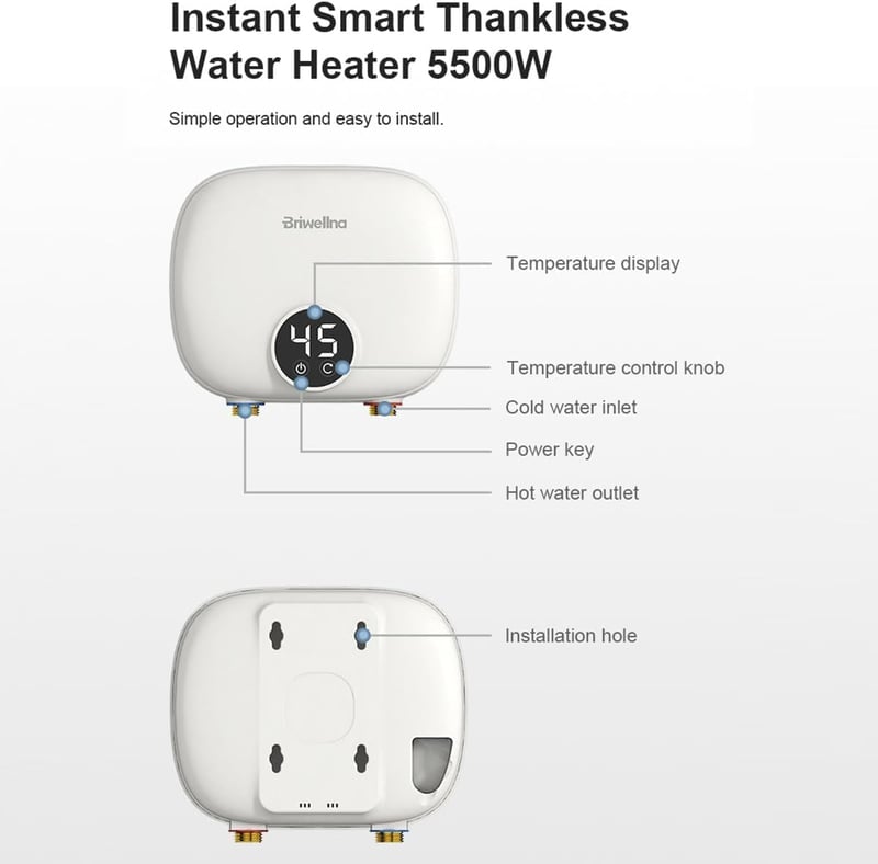 Briwellna 5,5 kW-os átfolyós vízmelegítő LED kijelzővel, kompakt méret, 220V