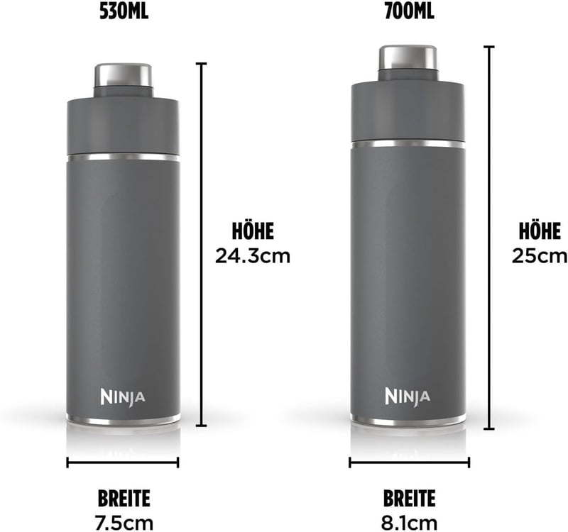 Ninja Thirsti 530ml Hőszigetelt Utazópalack - Szürke Rozsdamentes Acél Termosz Szénsavas, Hideg és Meleg Italokhoz, Szivárgásmentes Fedéllel