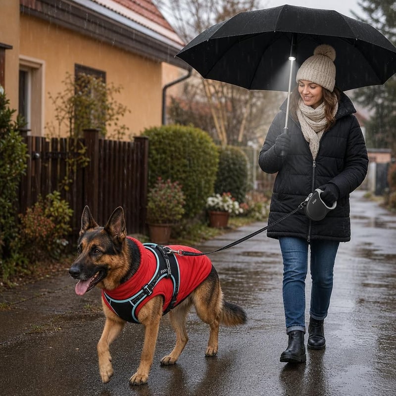 Set confort plimbare pe ploaie: vestă 3XL + ham 3XL + lesă 8m + umbrelă LED