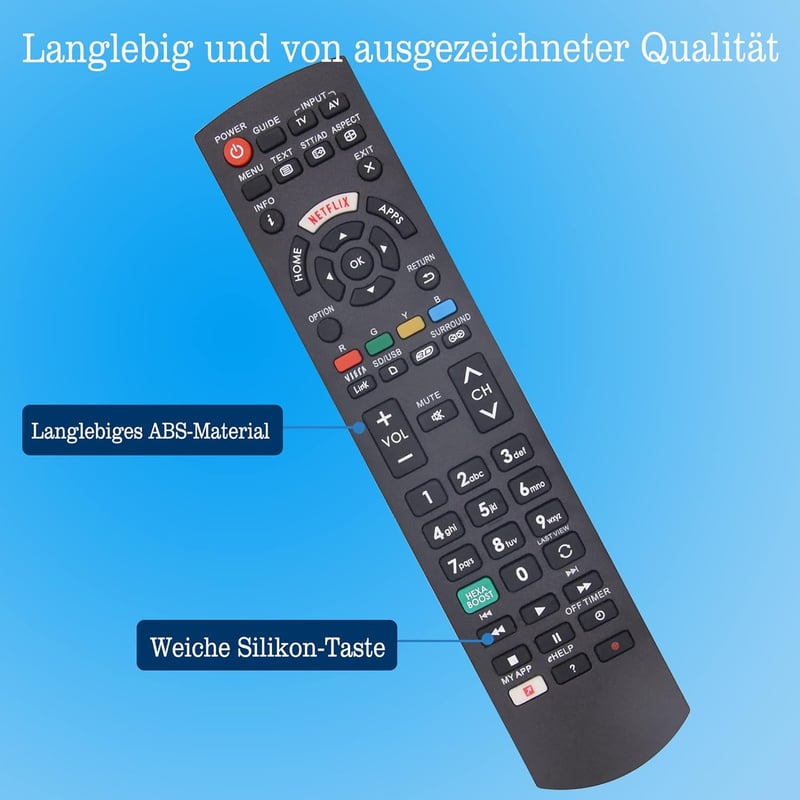 FOXRMT Univerzális Távirányító Panasonic TV-hez - Kompatibilis HDTV LCD LED Smart TV Modellekkel, Netflix és Viera Link Gombokkal, Programoz