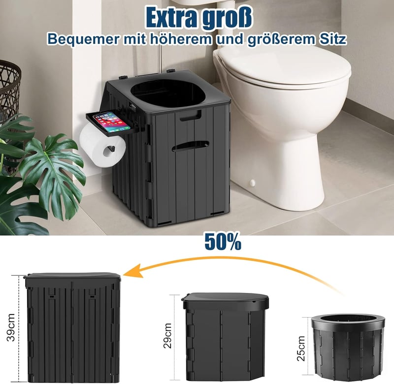 WADEO Hordozható Kemping WC Papírtartóval és Telefontálcával - Black With Urination Device for Women