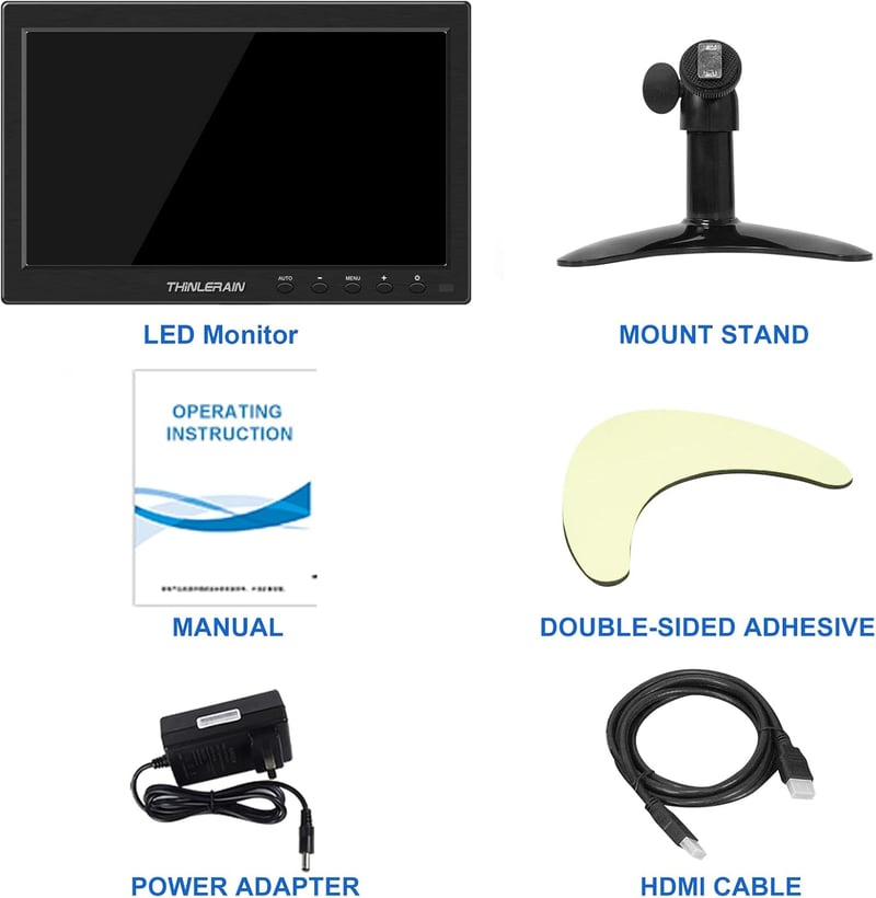 Thinlerain 10.1" IPS Monitor - 1366x768 Felbontású Kompakt Kijelző HDMI/VGA Csatlakozással, Beépített Hangszórókkal, Laptophoz és Számítógép