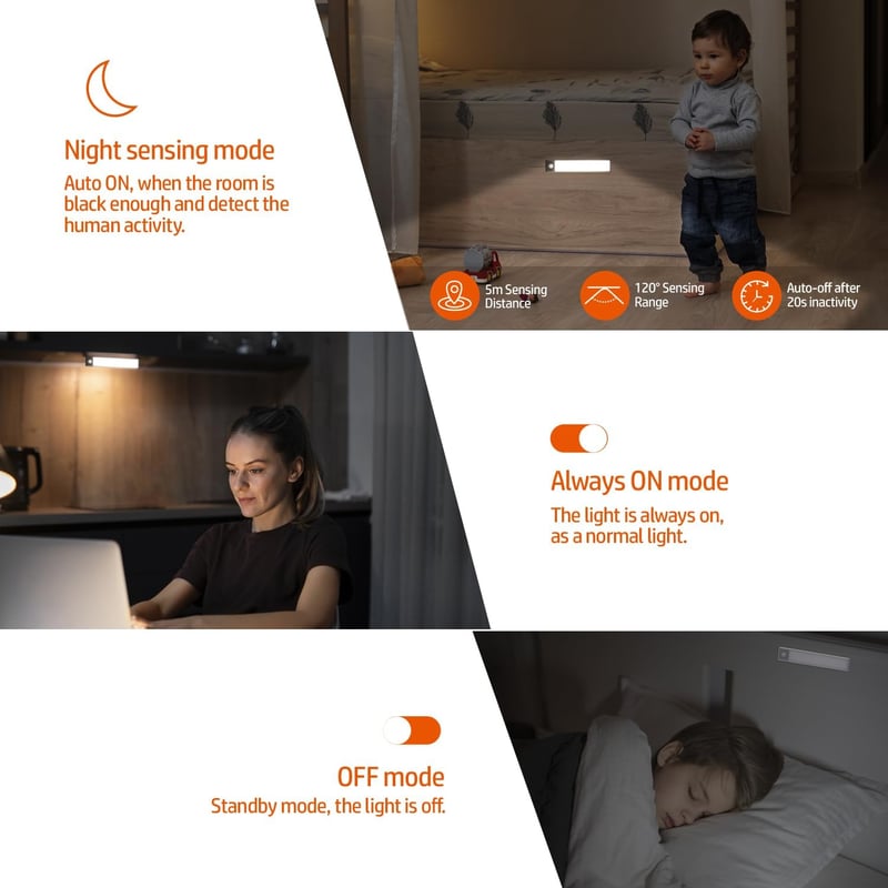 DA LIGHT USB-s mozgásérzékelős LED szekrényvilágítás, 20cm, 3000K meleg fehér, újratölthető