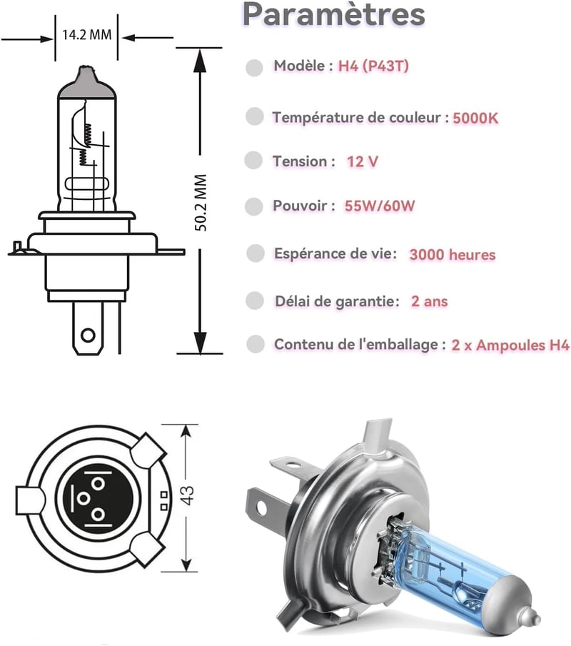 LTONXEN H4 halogén izzó, E-jelzésű, 5000K meleg fehér, 12V 55W, autó és motor fényszóróhoz (2db)